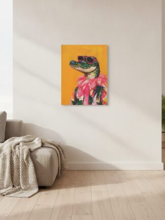 krokodil i miami — handmålad akryl på duk, 40×50 cm