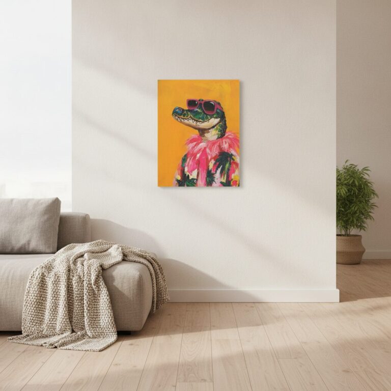 Krokodil i Miami — handmålad akryl på duk, 40×50 cm