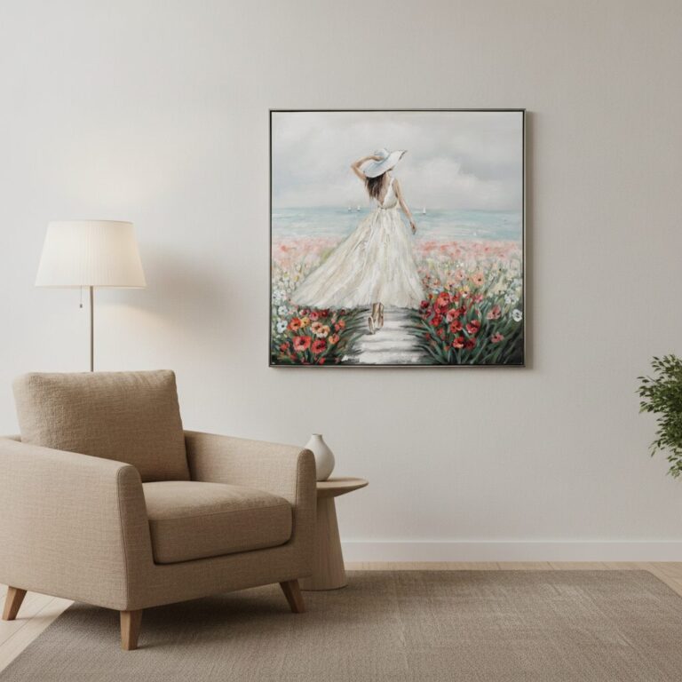 Kvinna i blomsterhav och vit klänning — handmålad akryl på duk, 102,5×102,5 cm