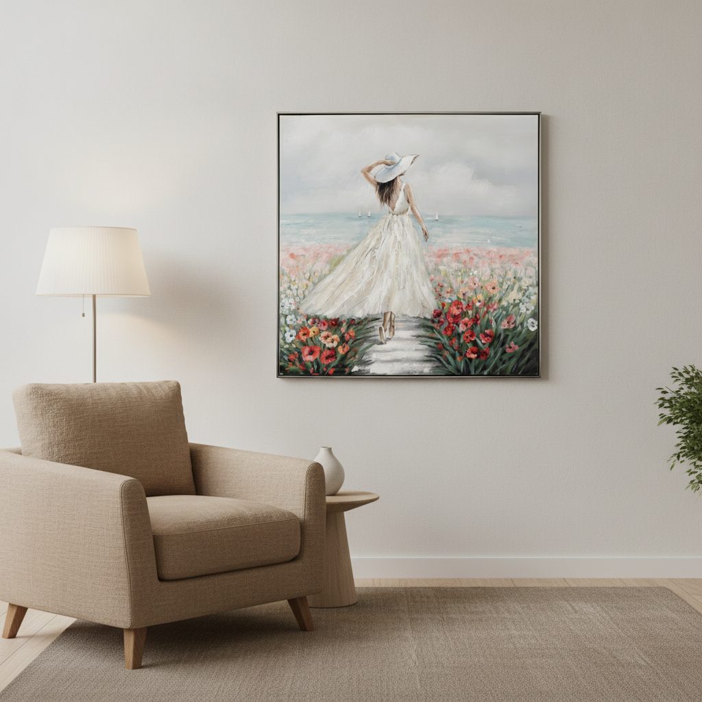 kvinna i blomsterhav och vit klänning — handmålad akryl på duk, 102,5×102,5 cm