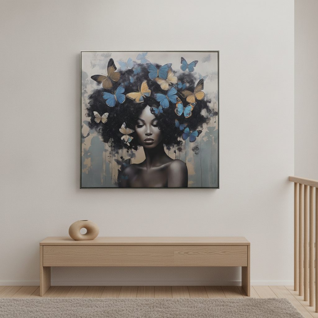kvinna med blå fjärilar — handmålad akryl på duk, 100×100 cm