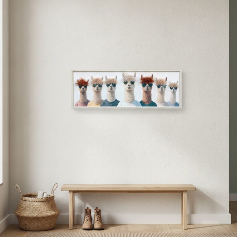 Lamadjuret Pacos — handmålad akryl på duk, 40×120 cm