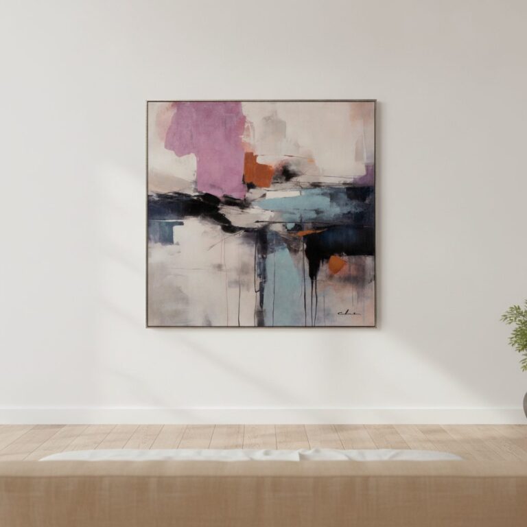 Lila möter blått — handmålad akryl på duk, 80×80 cm