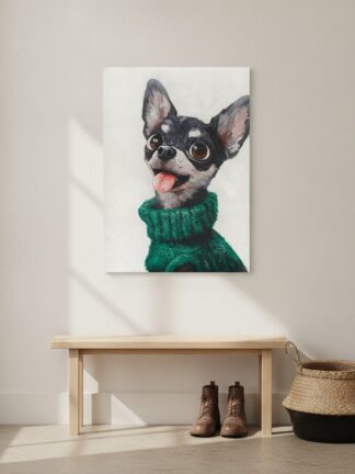 liten hund, stort drama — handmålad akryl på duk, 30×40 cm