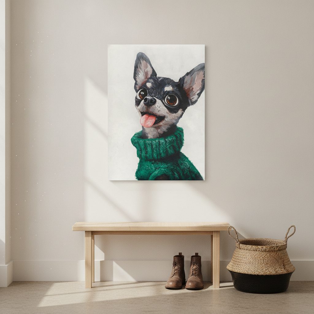 liten hund, stort drama — handmålad akryl på duk, 30×40 cm