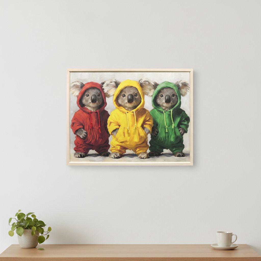 litet gäng i hoodie — handmålad akryl på duk, 60×80 cm