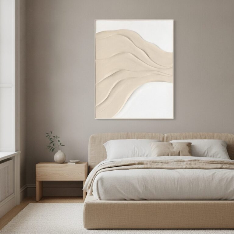 Ljusa vågor över sand — handmålad akryl på duk, 80×100 cm