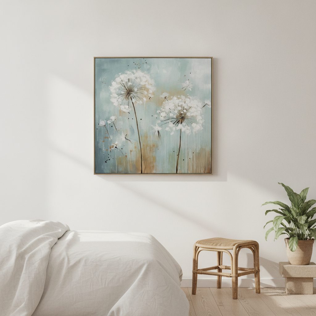 maskrosor — handmålad akryl på duk, 82,5×82,5 cm