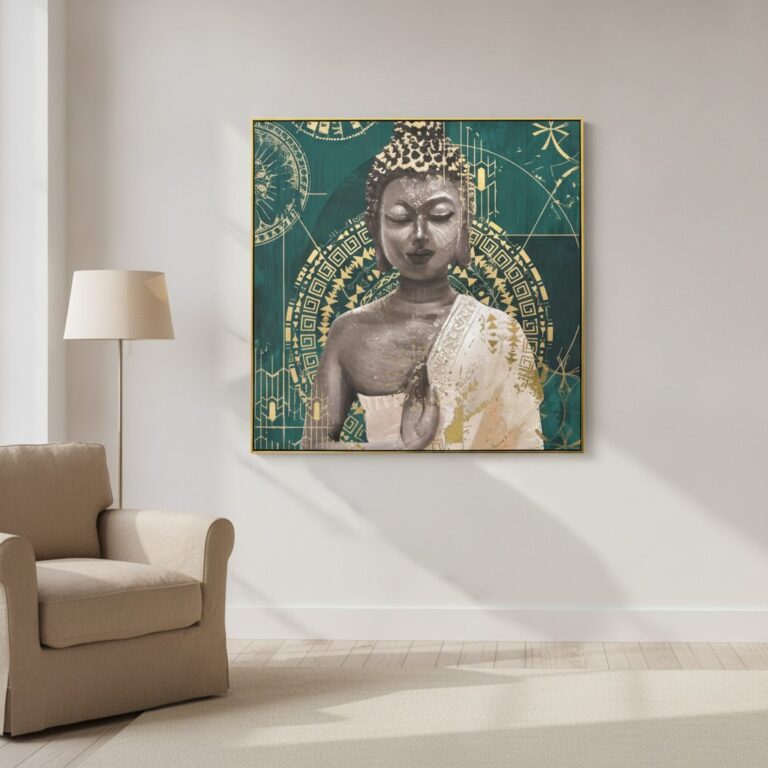 Mediterande Buddha — handmålad akryl på duk, 102,5×102,5 cm