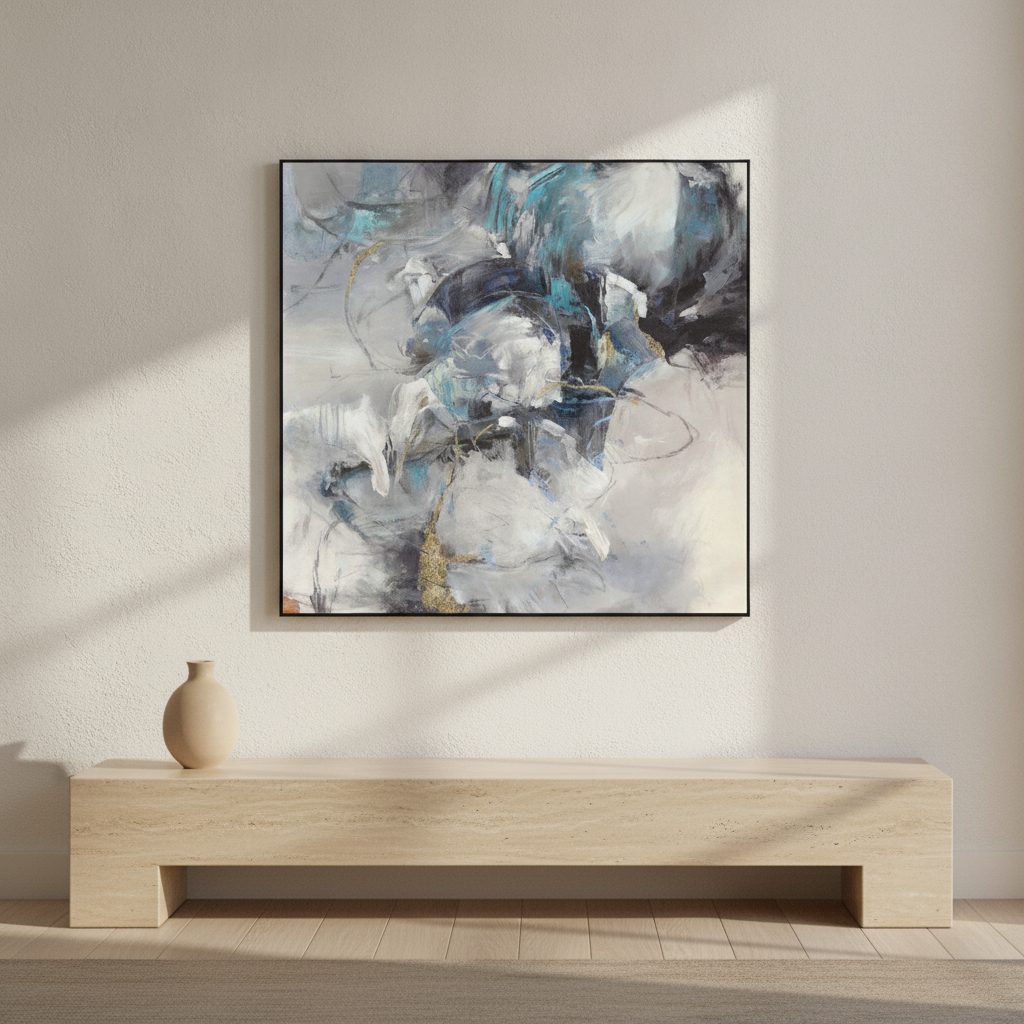 modern färgmelodi i blågrå — handmålad akryl på duk, 70×70 cm