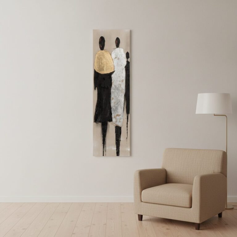Modevisning i guld och silver — handmålad akryl på duk, 25×150 cm
