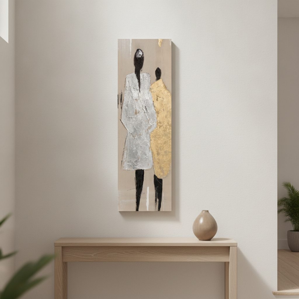 modevisning i guld och silver — handmålad akryl på duk, 25×150 cm