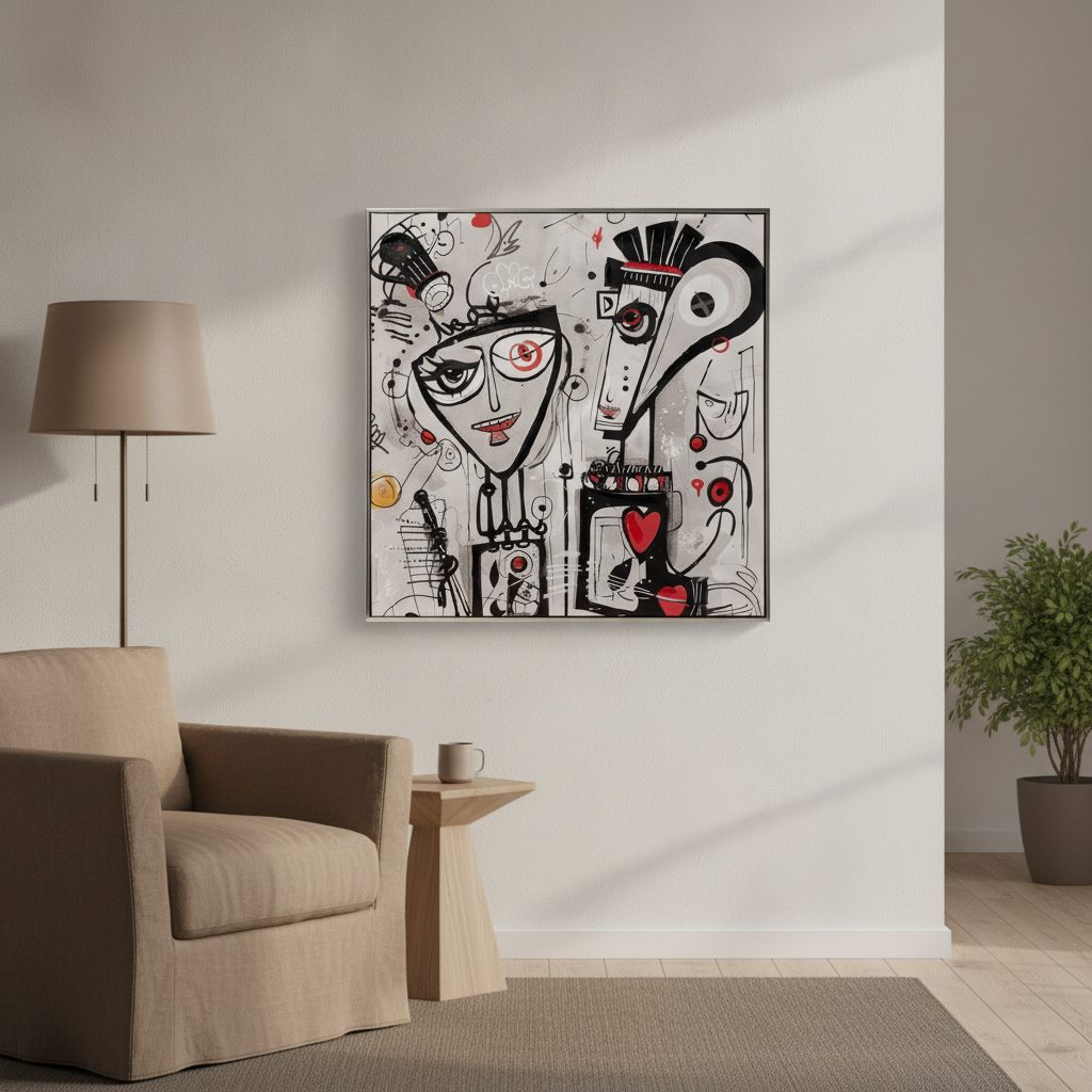 mr. and mrs. smith — handmålad akryl på duk, 80×80 cm