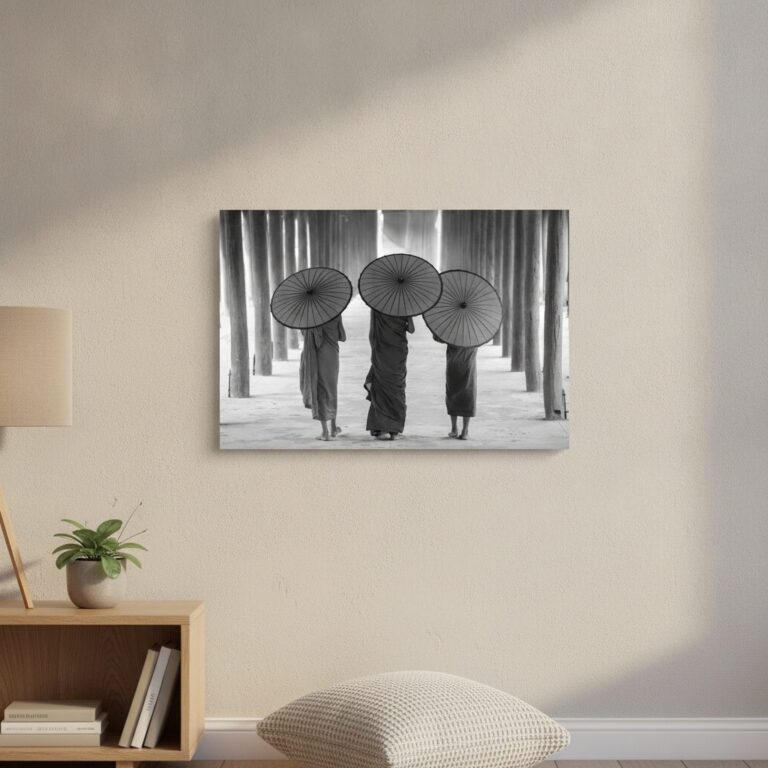 Munkar med parasoll — tryck på aluminium, 80×120 cm