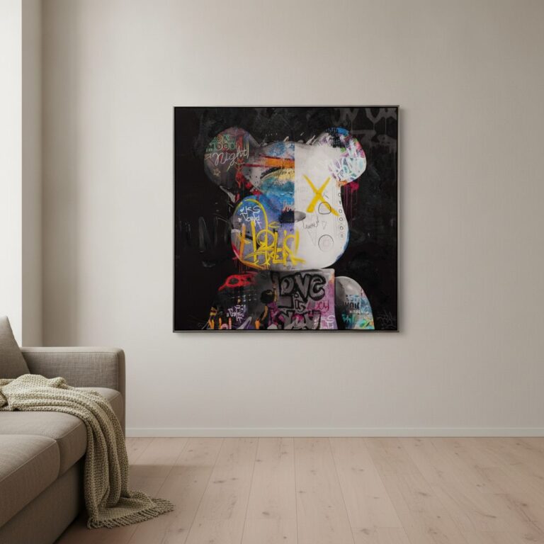 Nalle i serieteckning — handmålad akryl på duk, 102,5×102,5 cm