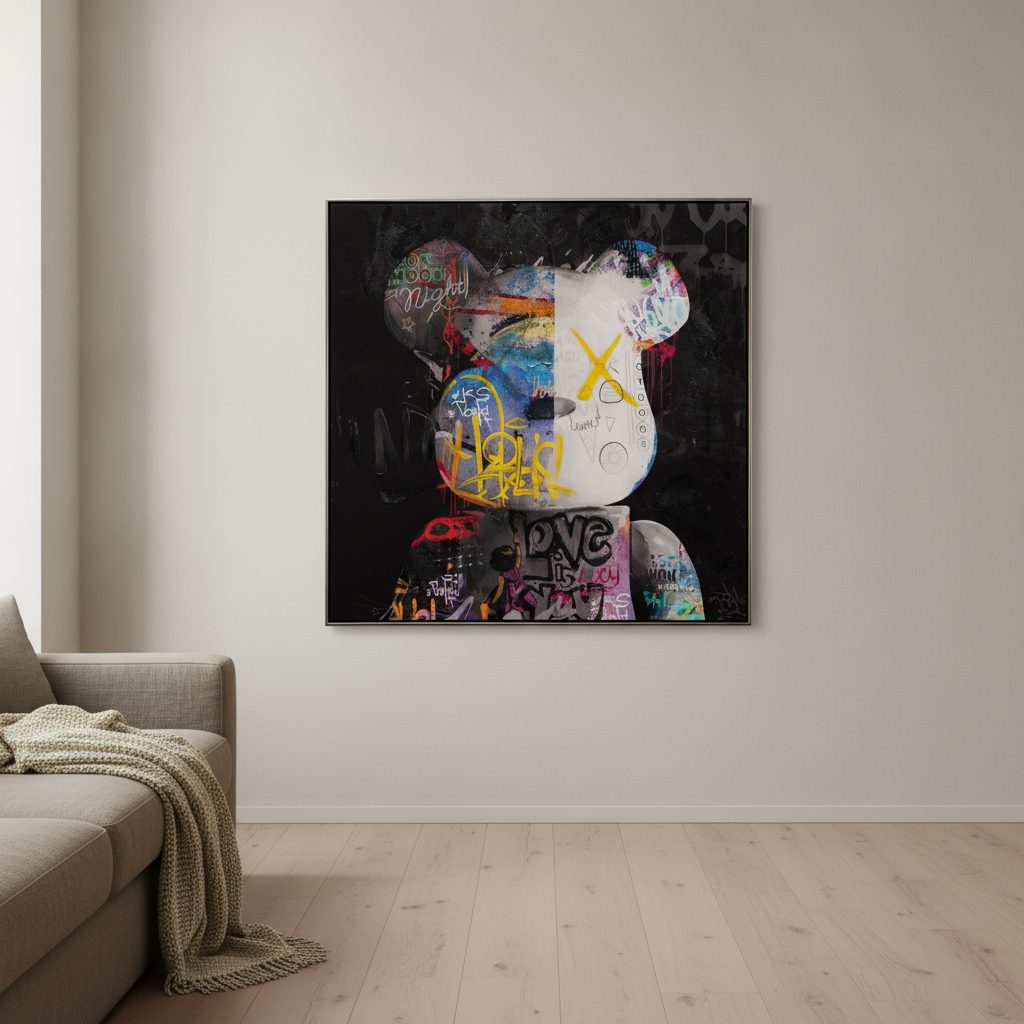nalle i serieteckning — handmålad akryl på duk, 102,5×102,5 cm