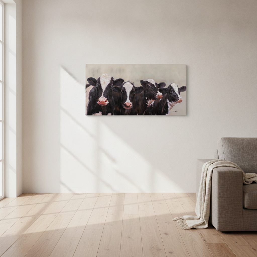 nyfikna kor — handmålad akryl på duk, 70×140 cm