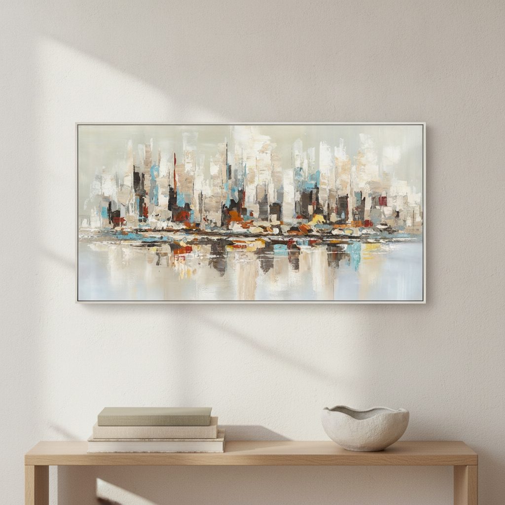 orange & teal skyline — handmålad akryl på duk, 70×140 cm