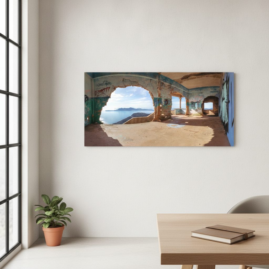 övergiven plats vid havet — tryck på aluminium, 66×140 cm