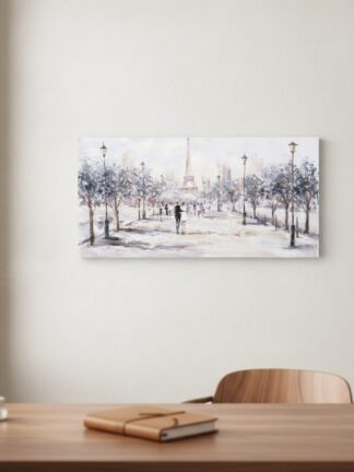 Promenad till Eiffeltornet — handmålad akryl på duk, 70×140 cm