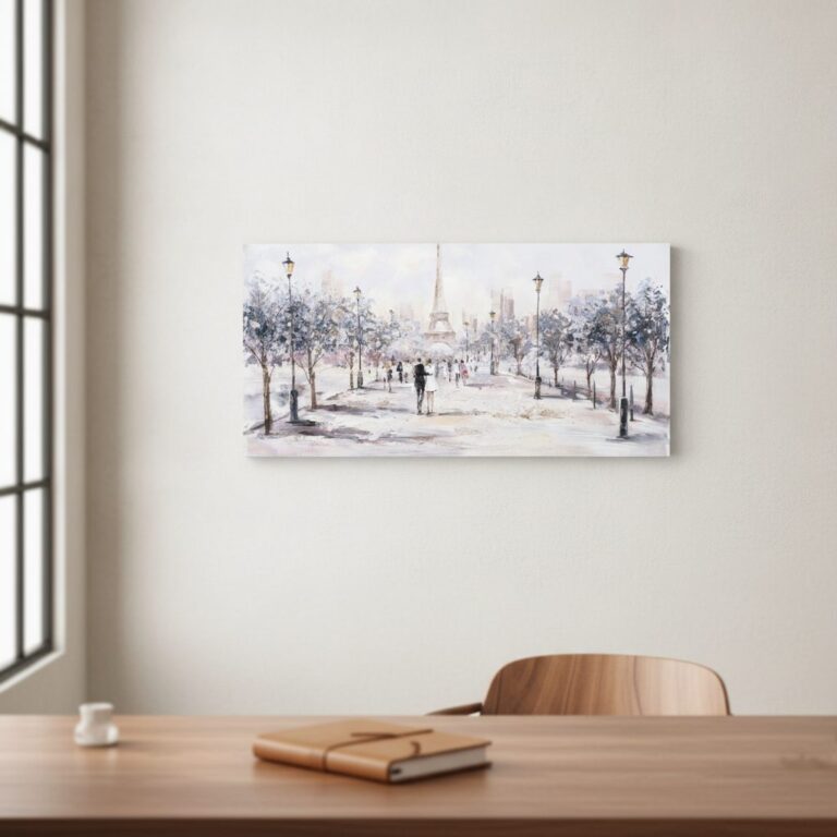 Promenad till Eiffeltornet — handmålad akryl på duk, 70×140 cm
