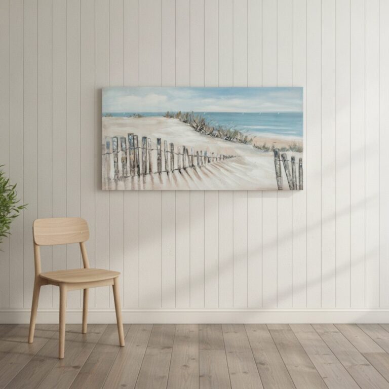Promenad till stranden — handmålad akryl på duk, 70×140 cm