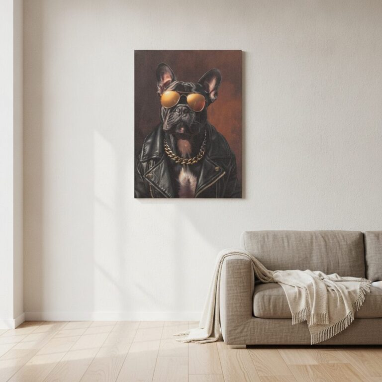 Rappande bulldog — handmålad akryl på duk, 60×80 cm