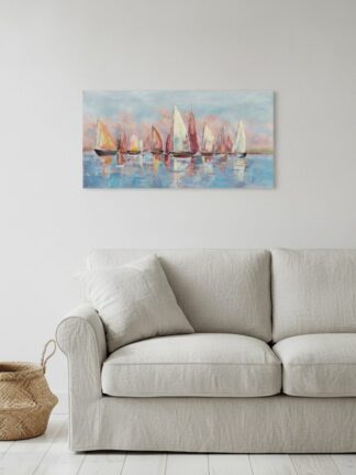 Regatta i färg — handmålad akryl på duk, 70×140 cm