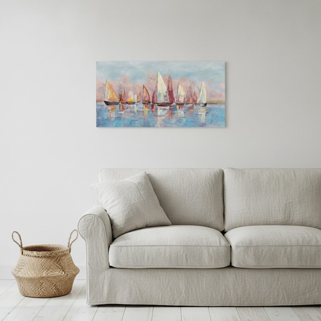 regatta i färg — handmålad akryl på duk, 70×140 cm