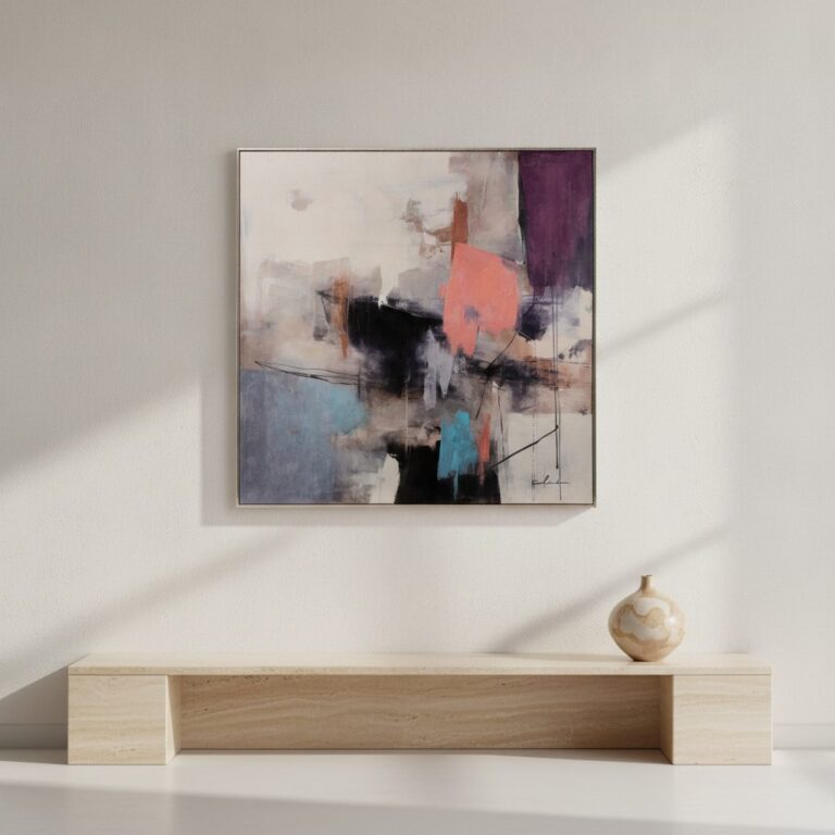 Rosa möter blått — handmålad akryl på duk, 80×80 cm
