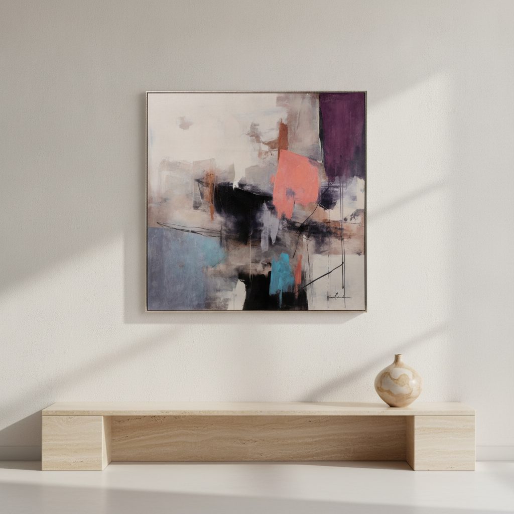 rosa möter blått — handmålad akryl på duk, 80×80 cm