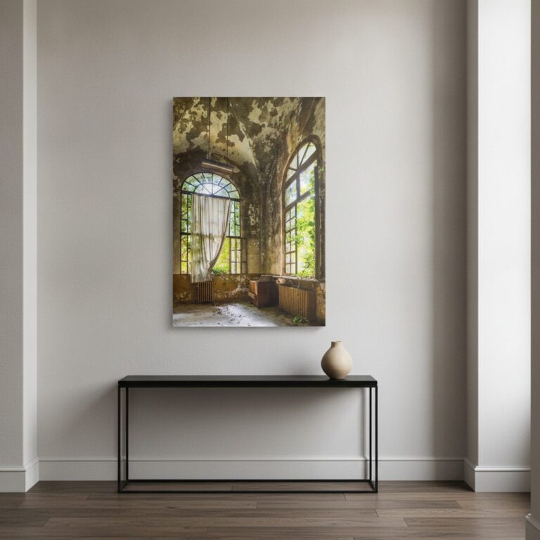 Rum i övergiven villa — tryck på aluminium, 80×120 cm
