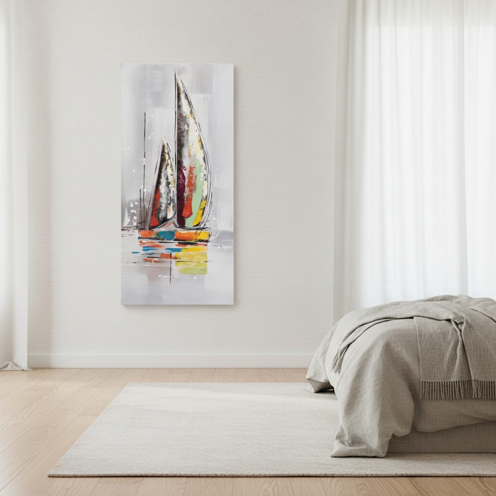 segelbåt — handmålad akryl på duk, 40×80 cm