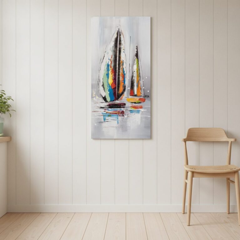 Segelbåt — handmålad akryl på duk, 40×80 cm