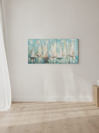 Segelregatta — handmålad akryl på duk, 70×140 cm