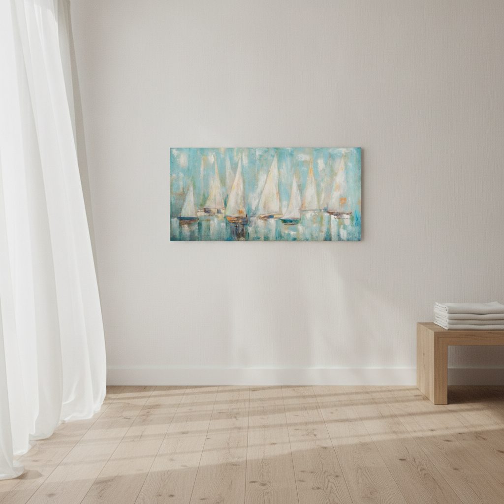 segelregatta — handmålad akryl på duk, 70×140 cm