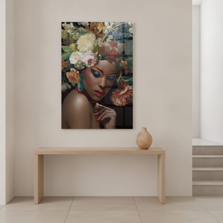 Skönhet med blomsterprydnad — tryck på härdat glas, 80×120 cm