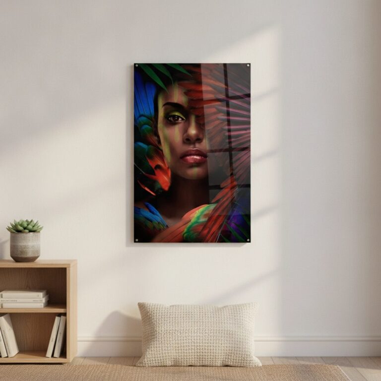 Skönhet med fjädrar — tryck på härdat glas, 80×120 cm