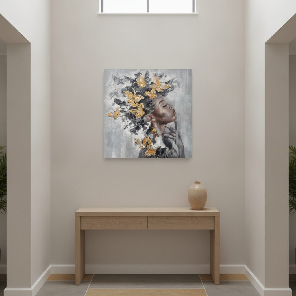 skönhet med fjärilar — handmålad akryl på duk, 100×100 cm