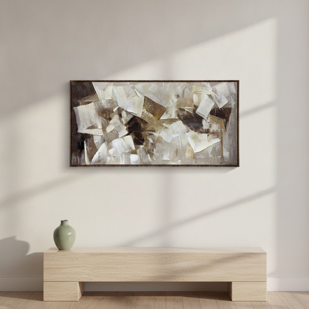 skuggor och sand — handmålad akryl på duk, 70×140 cm
