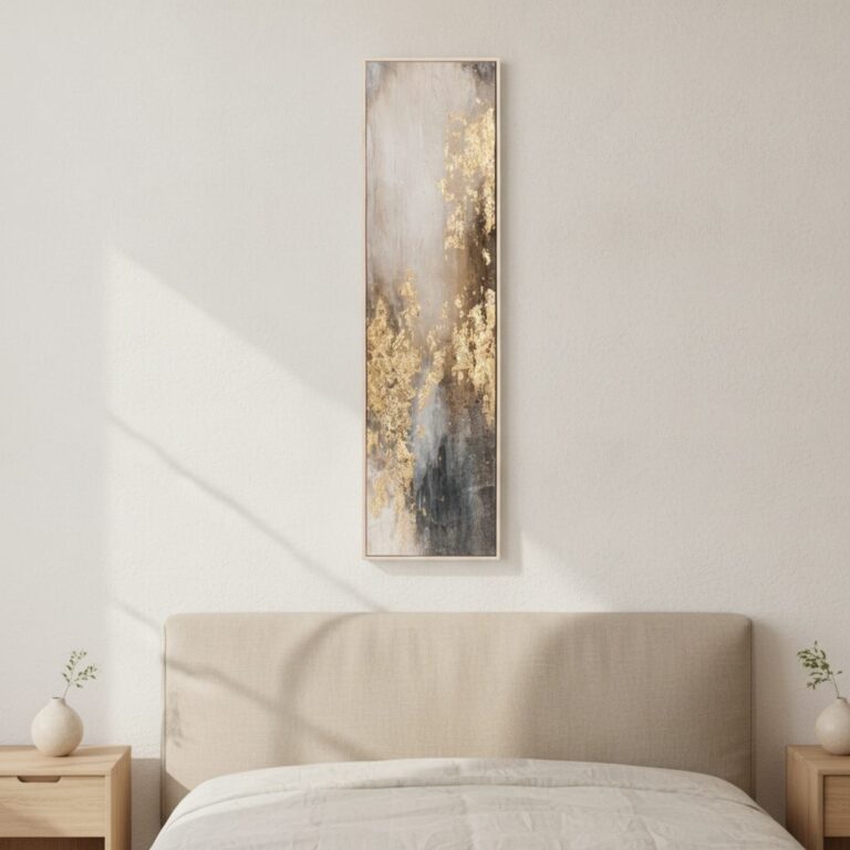 Smal färgkomposition i guld — handmålad akryl på duk, 27×152 cm