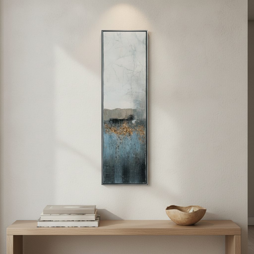 smal färgspegling — handmålad akryl på duk, 27×152 cm