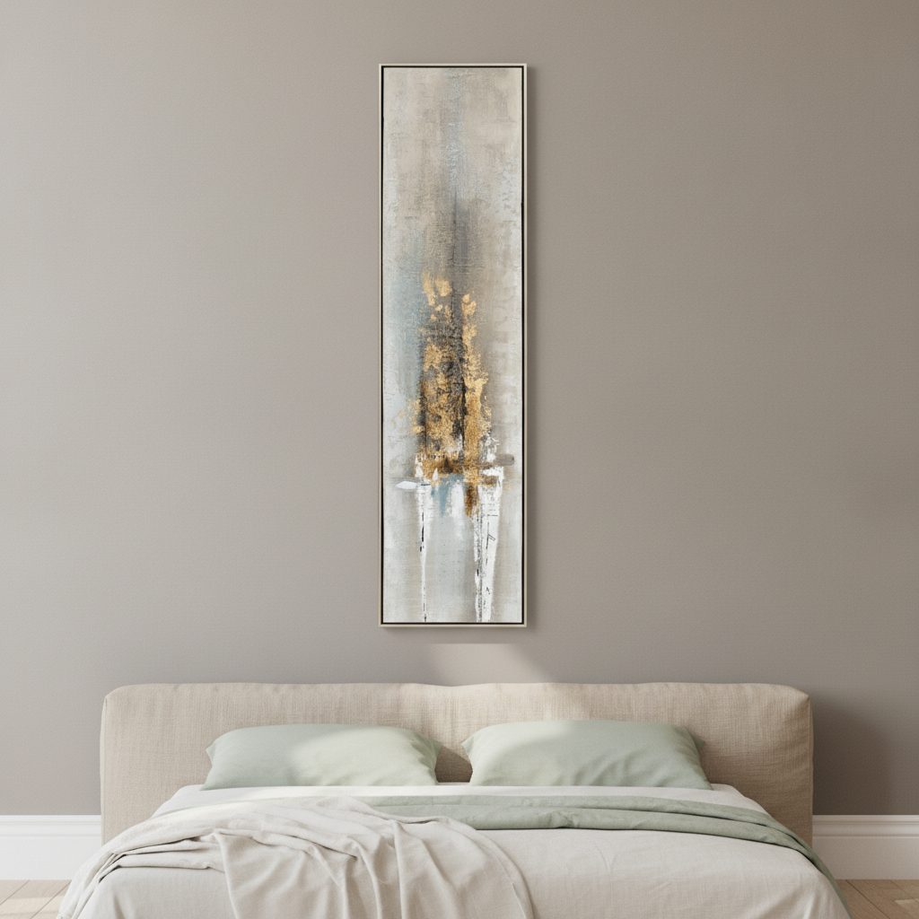smal textur komposition flammande guld — handmålad akryl på duk, 29×129 cm