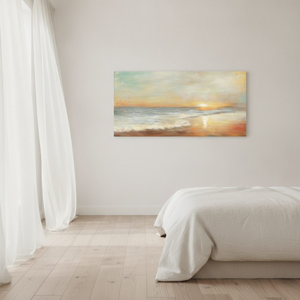 solnedgång vid havet — handmålad akryl på duk, 70×140 cm