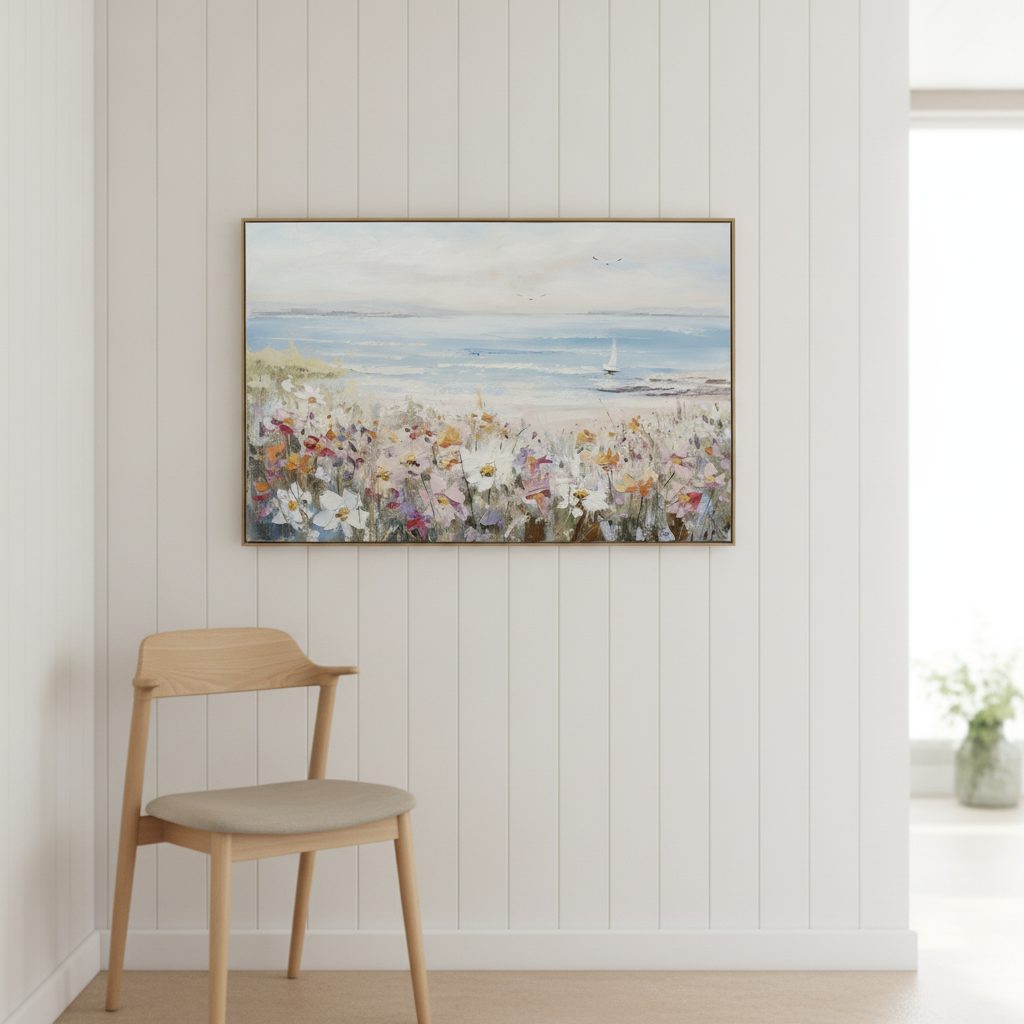 sommar vid havet — handmålad akryl på duk, 82,5×122,5 cm