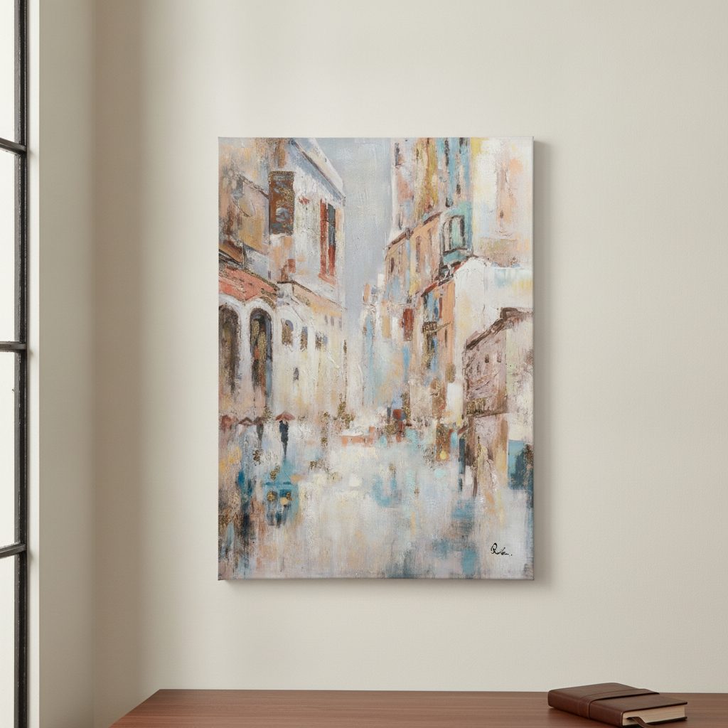 stadspromenad — handmålad akryl på duk, 90×120 cm