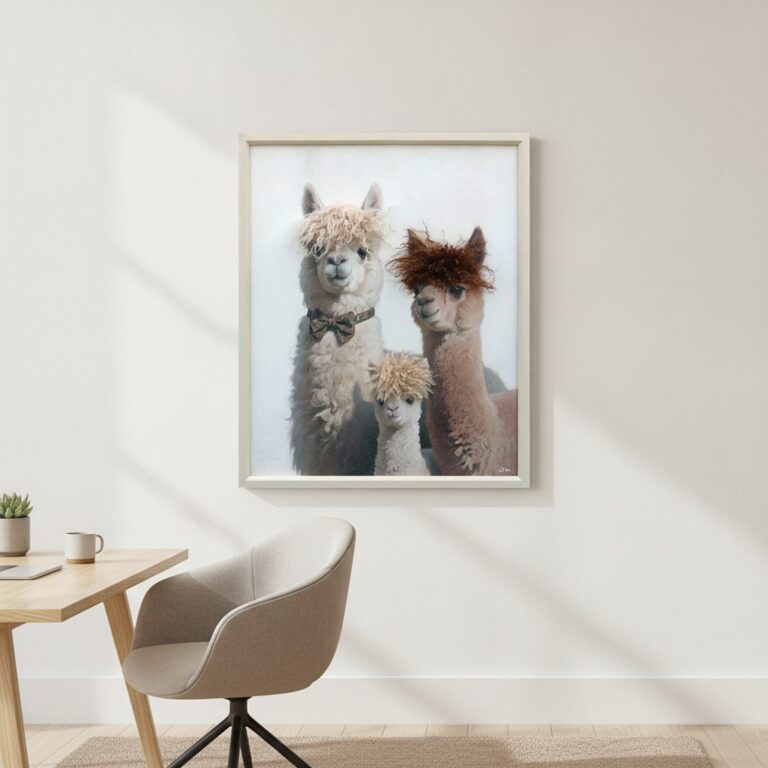 Stilig lamafamilj — handmålad akryl på duk, 50×60 cm