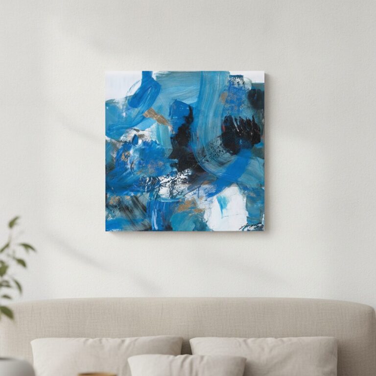 Svepande variationer i Blå — handmålad akryl på duk, 80×80 cm