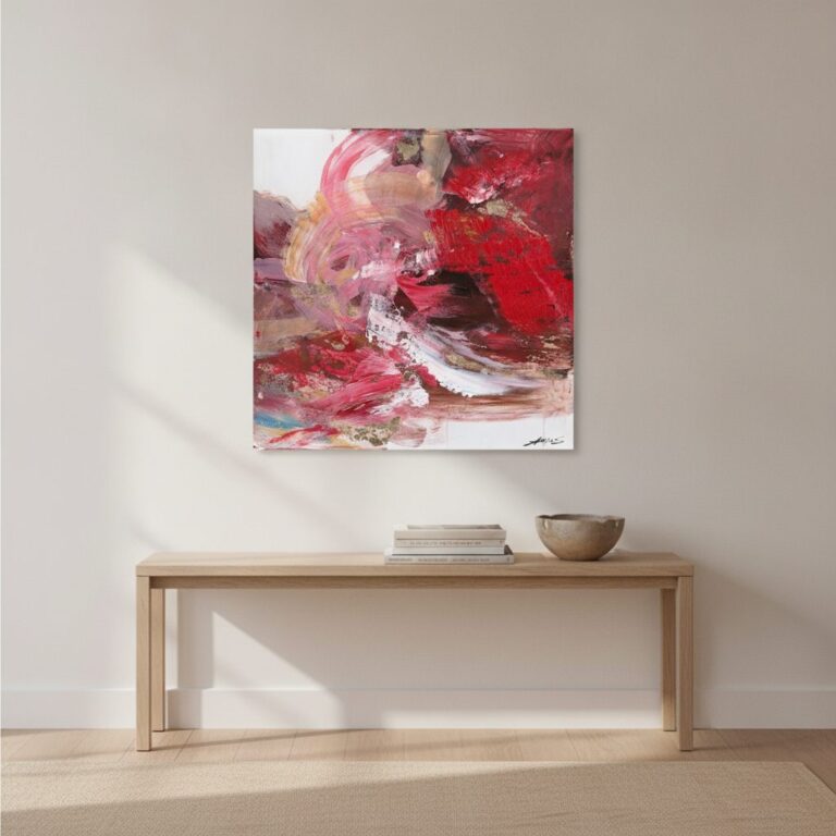 Svepande variationer i Röd — handmålad akryl på duk, 80×80 cm