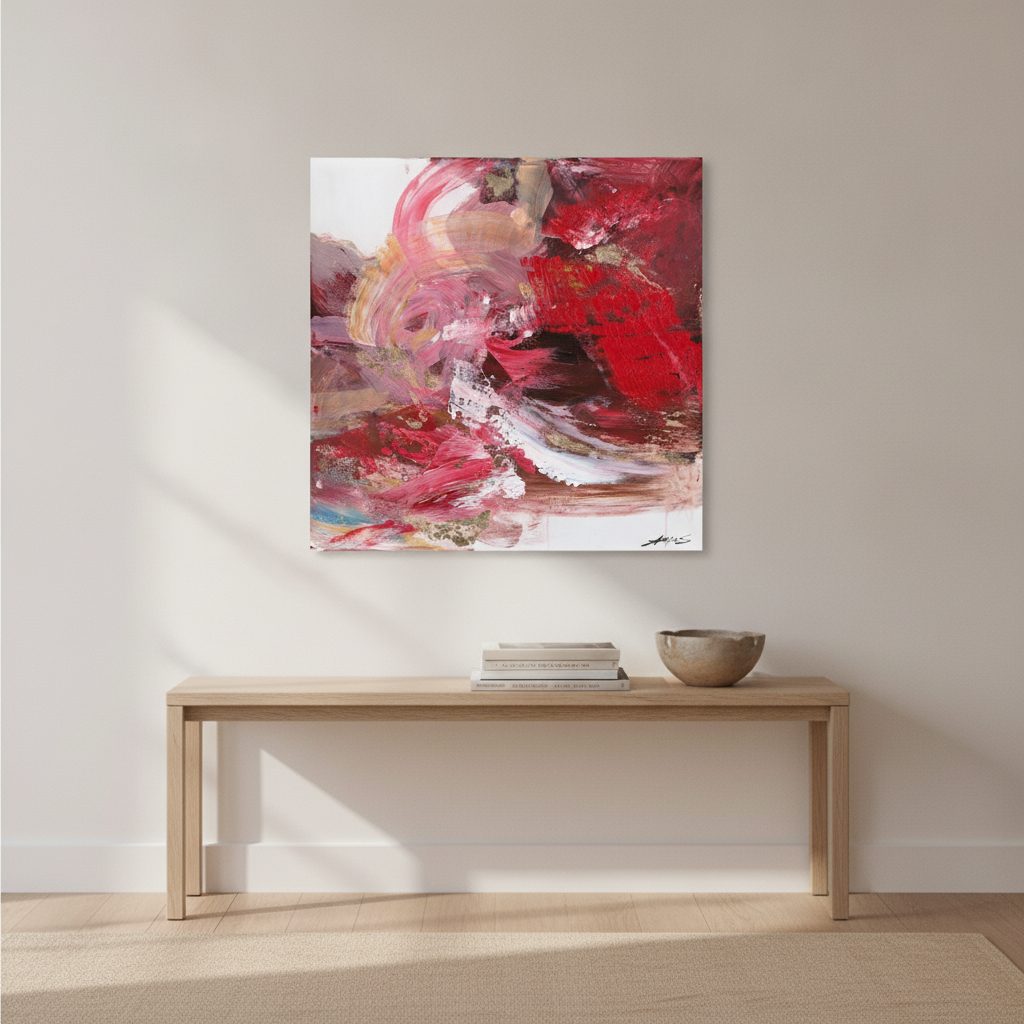 svepande variationer i röd — handmålad akryl på duk, 80×80 cm